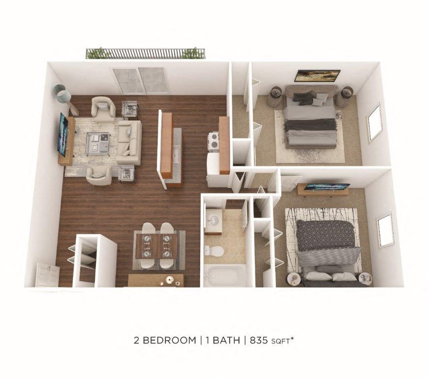 Floor plan for 2 beds, 1 bath, 835 sqft